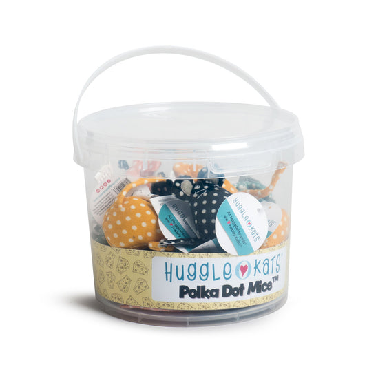 Purrfect Pet Kingdom plush black and yellow polka dot mice catnip toys in a clear plastic bucket with handle.