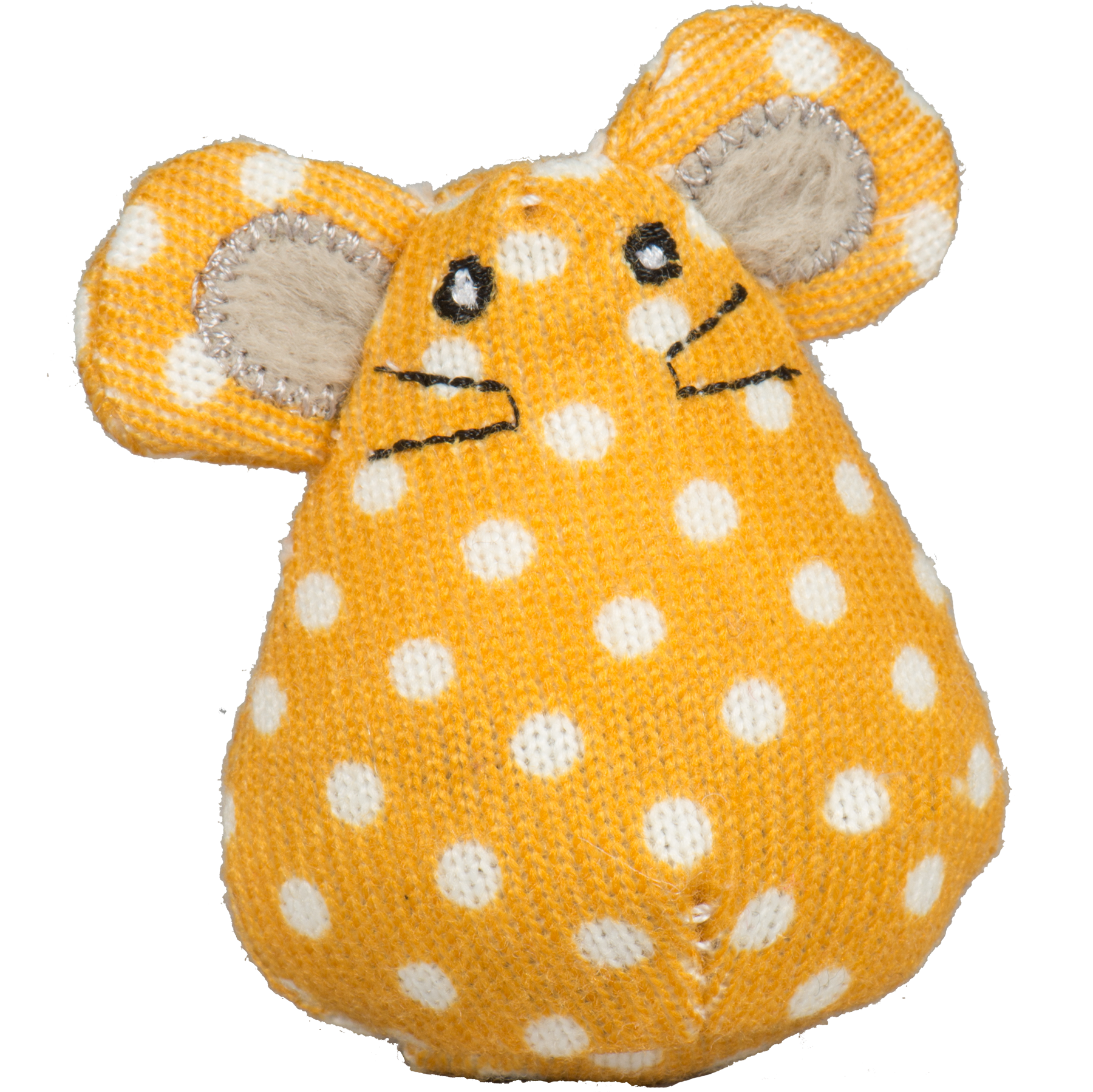Yellow polka dot fabric mouse cat toy with fuzzy ears and embroidered face by Purrfect Pet Kingdom.