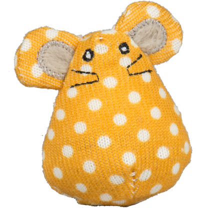 Yellow polka dot fabric mouse cat toy with fuzzy ears and embroidered face by Purrfect Pet Kingdom.