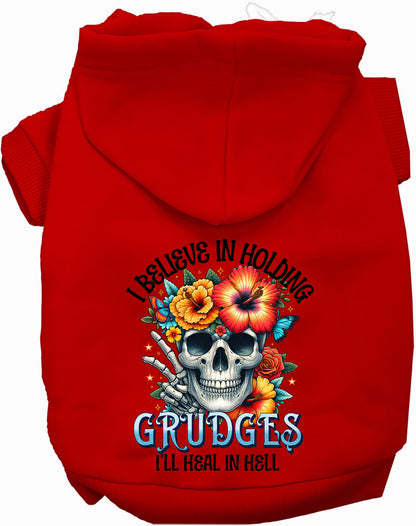 Grudges Skull Pet Hoodie: Red dog hoodie featuring a skull, colorful flowers, and text graphic on the back.