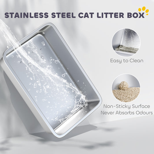 Stainless Steel Litter Box - High Sided Metal Box with Scoop