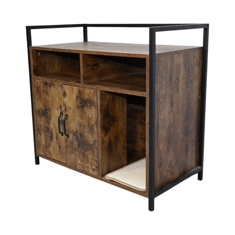 Rustic Brown Wooden Cat Litter Box Enclosure, Spacious Hidden Cat