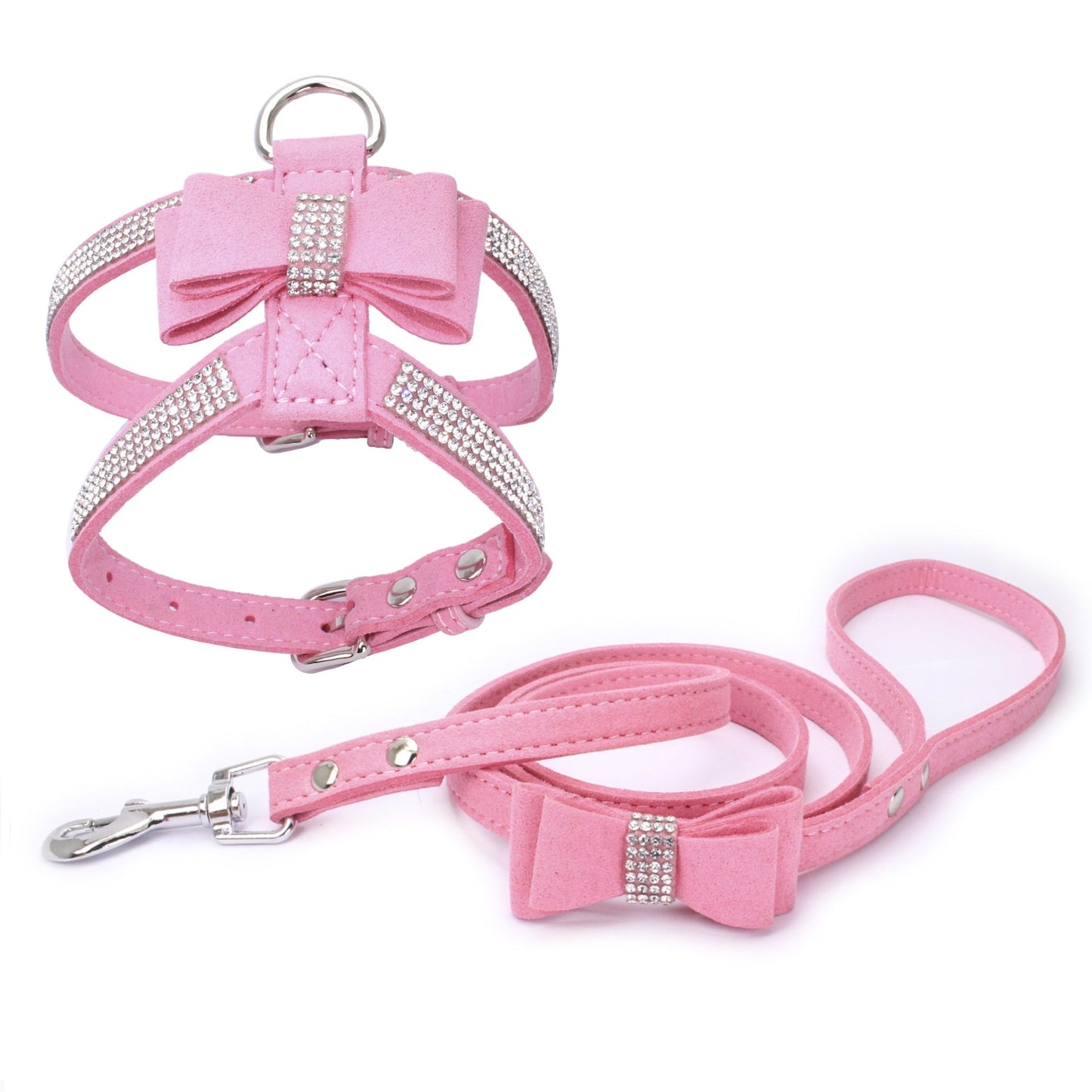 Suede Dog Harness & Leash Set – Rhinestone Bow, Soft & Elegant
