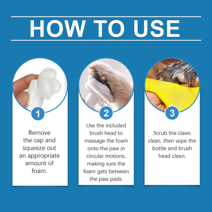 Purrfect Pet Kingdom paw foam guide: apply to silicone brush, massage paw, wipe clean. Blue and white infographic.
