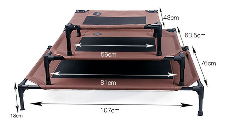Estely brown elevated dog beds in 3 sizes. Waterproof Oxford fabric, black mesh, metal frames, and cm dimensions.