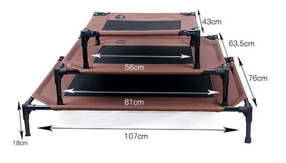 Estely brown elevated dog beds in 3 sizes. Waterproof Oxford fabric, black mesh, metal frames, and cm dimensions.
