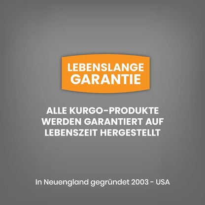 German graphic for Kurgo lifetime warranty with orange and white text on a grey background. Founded in USA, 2003.