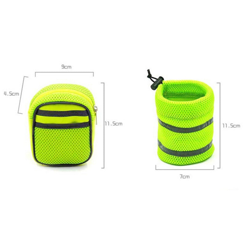 Estely neon green mesh zippered and drawstring pouches for hands-free dog leash with reflective strips.