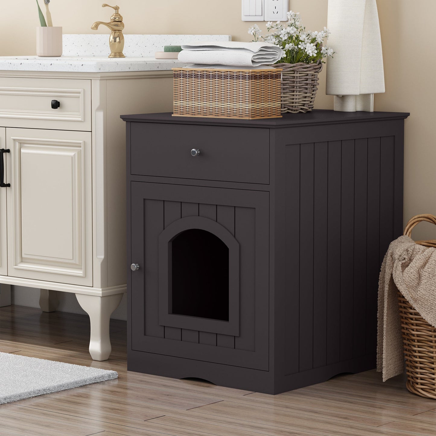 Wooden Pet House Cat Litter Box Enclosure with Drawer, Side