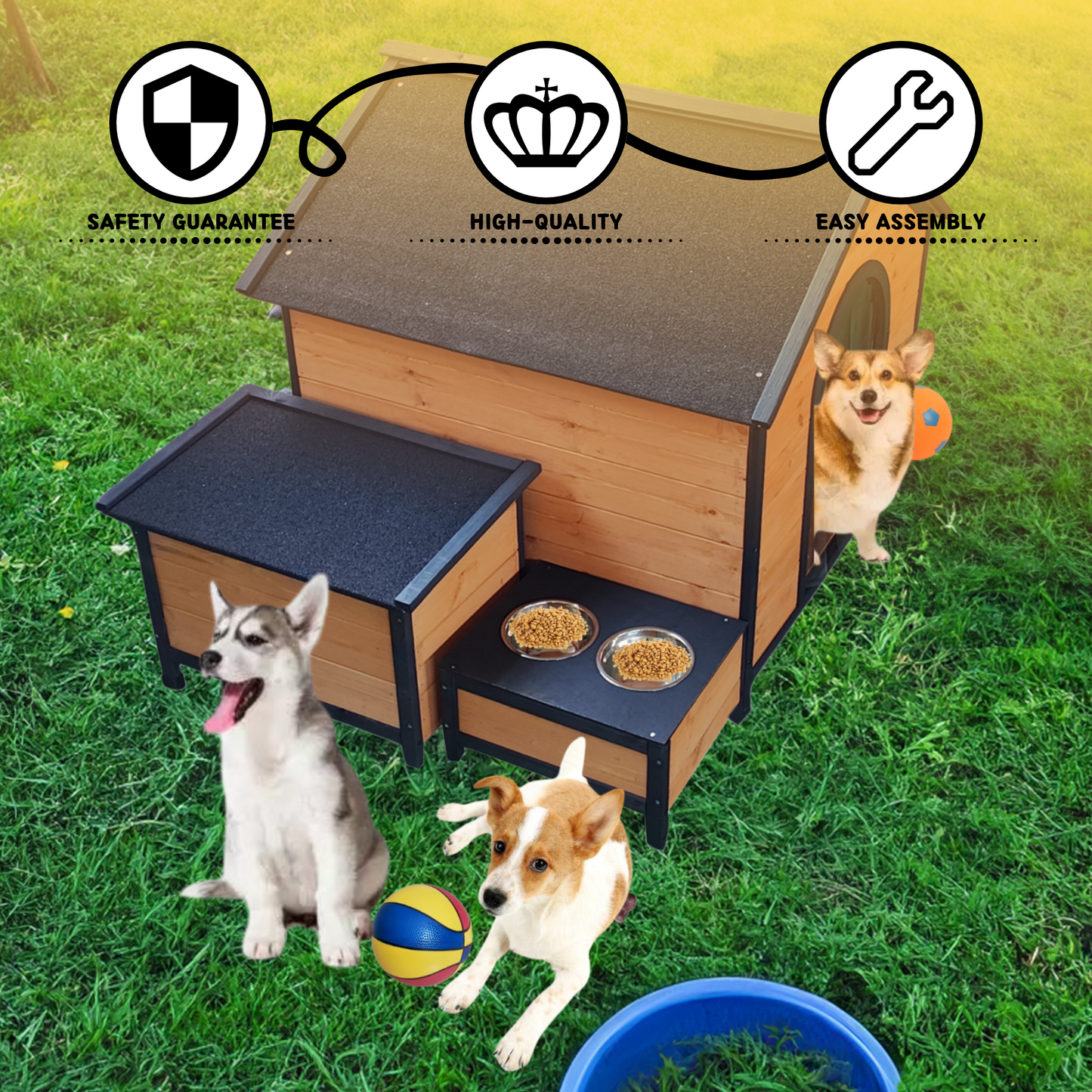 XPT088 Wearable and Strong Wooden Dog House with Metal Bowls