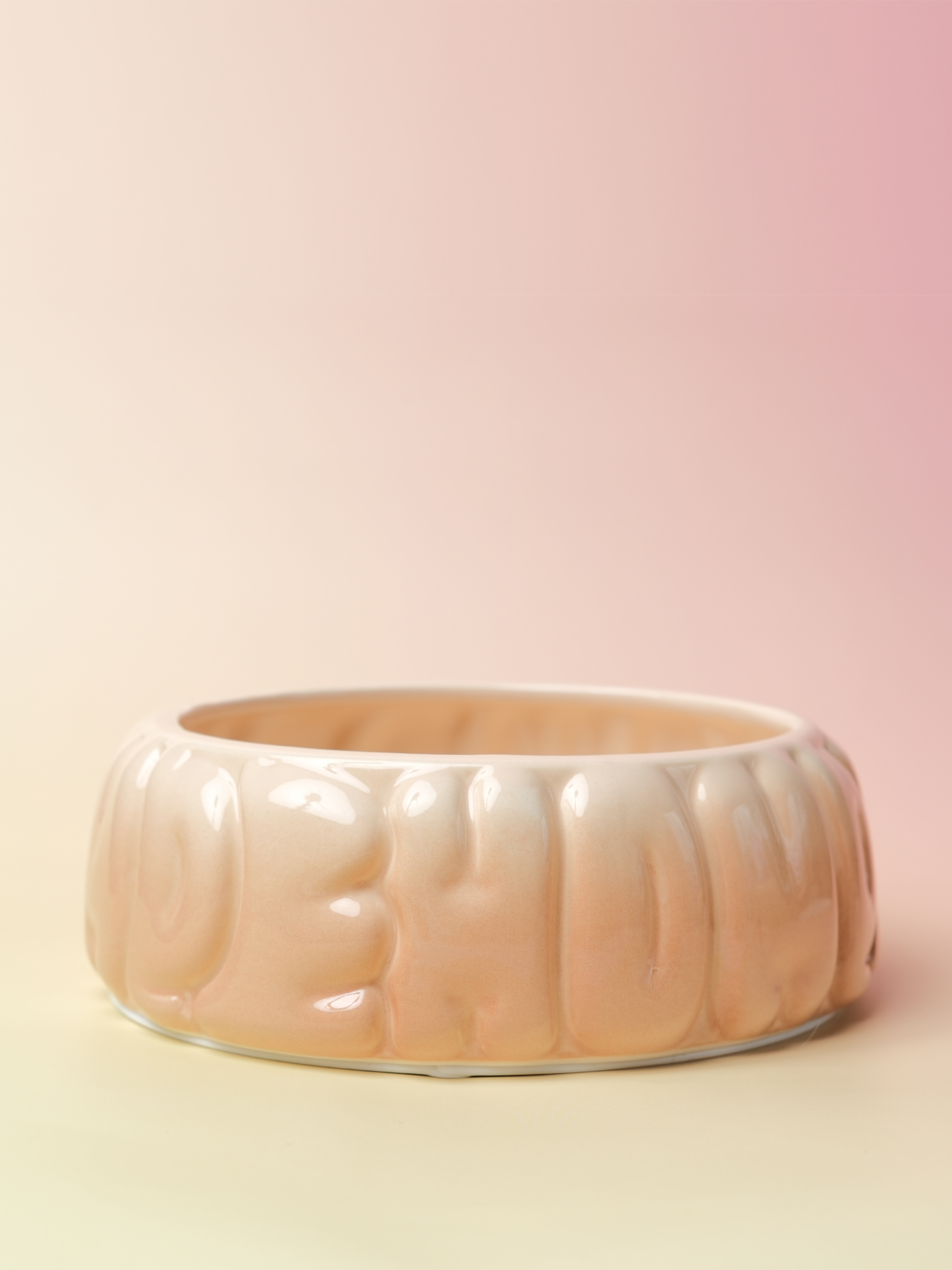 Purrfect Pet Kingdom glossy peach gradient ceramic pet bowl with a rounded bubble texture and spill-proof design.