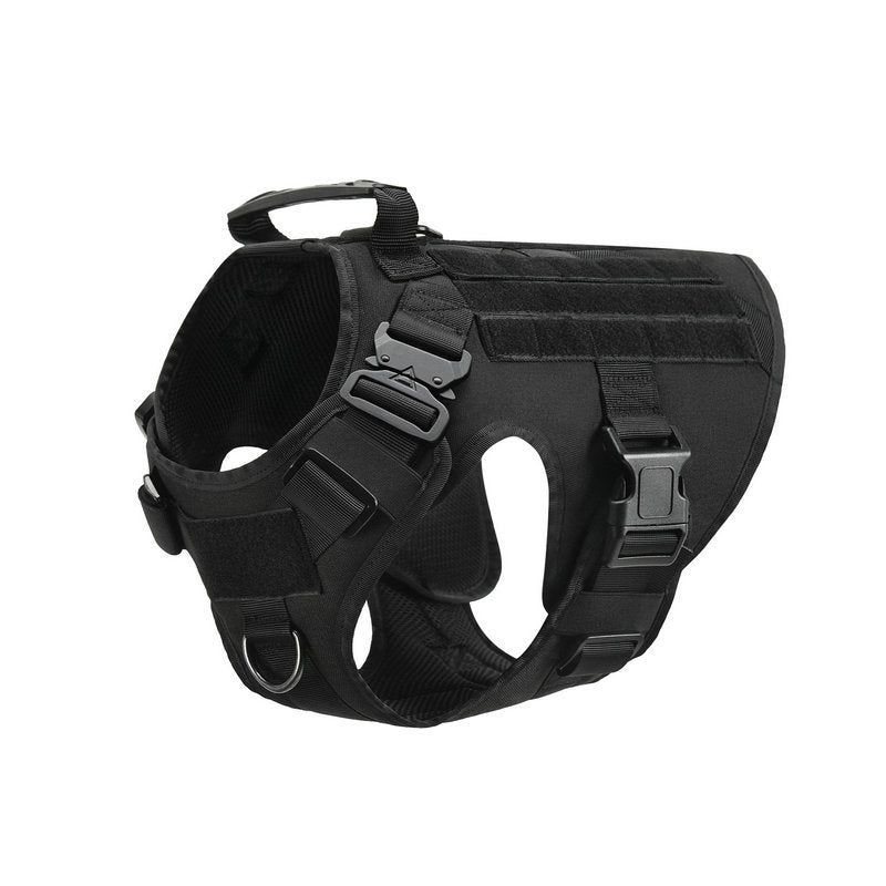 Black Estely tactical dog harness for large breeds featuring nylon, metal buckles, velcro panels, and a top handle.