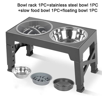 Purrfect Pet Kingdom grey adjustable feeder with stainless steel bowl, slow feeder, and floating water bowl.