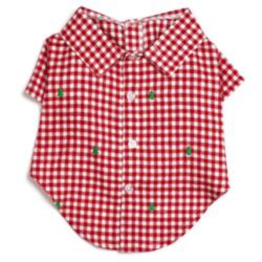 Check Trees Red & White Holiday Collared Dog Shirt