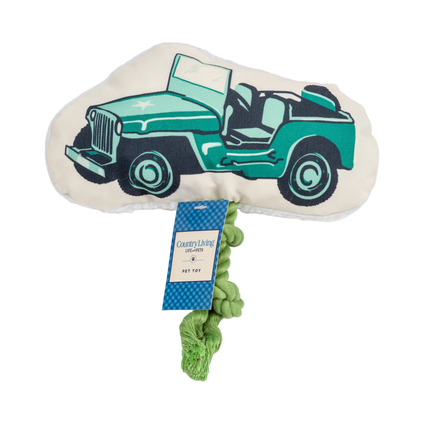 Dog toy shaped like a vintage car with a green rope, on a white background