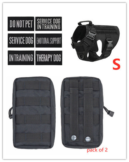 Black Estely tactical dog harness with 6 service dog patches and 2 Molle pouches. Adjustable heavy-duty nylon.