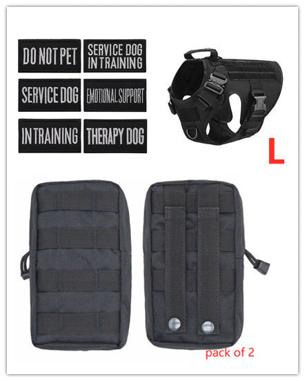 Estely black nylon tactical dog harness for large breeds, with 6 service dog patches and 2 MOLLE pouches.