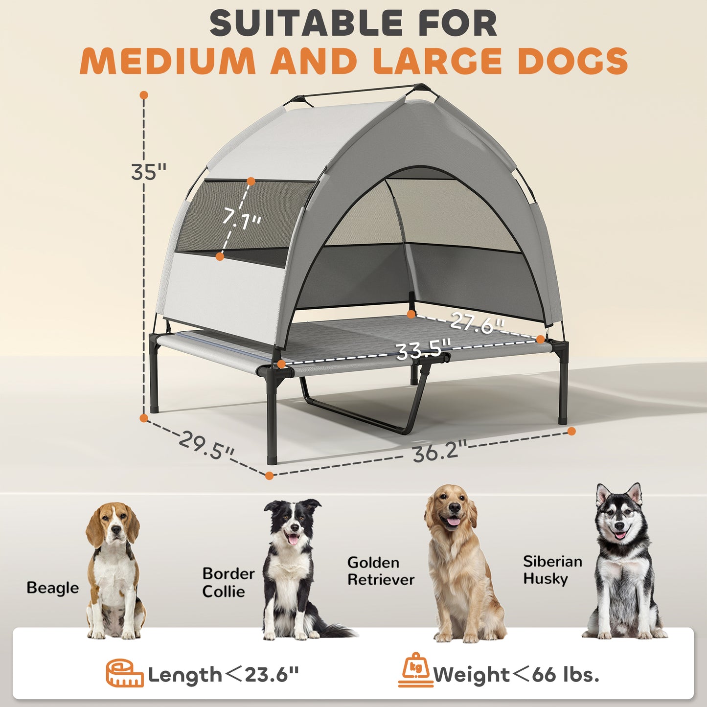36" Elevated Cooling Pet Cot with Canopy - Light Grey