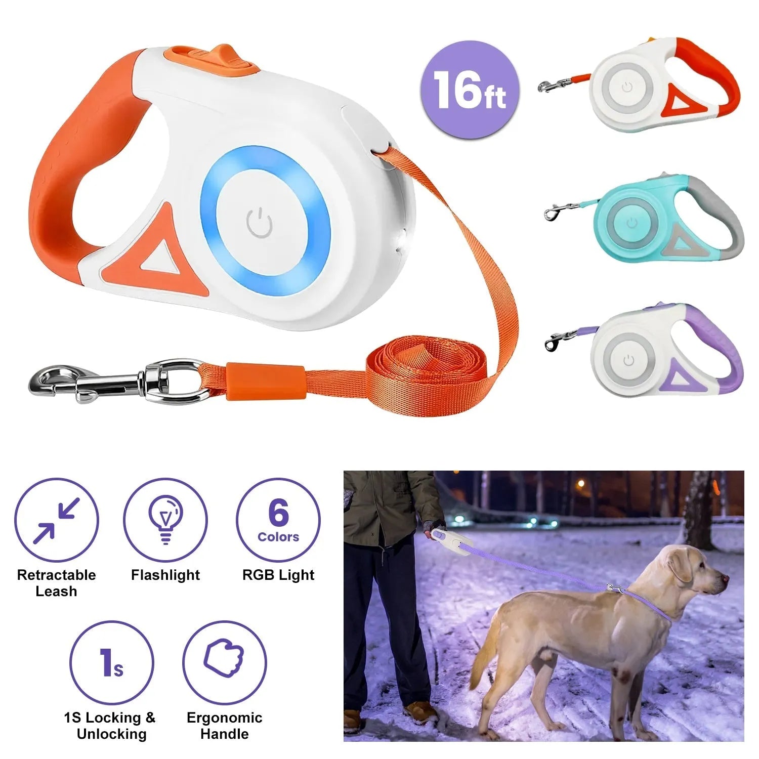16FT Retractable Dog Leash by GBruno Store in vibrant color, suitable for pets 66-110lbs, includes flashlight and waste ba...