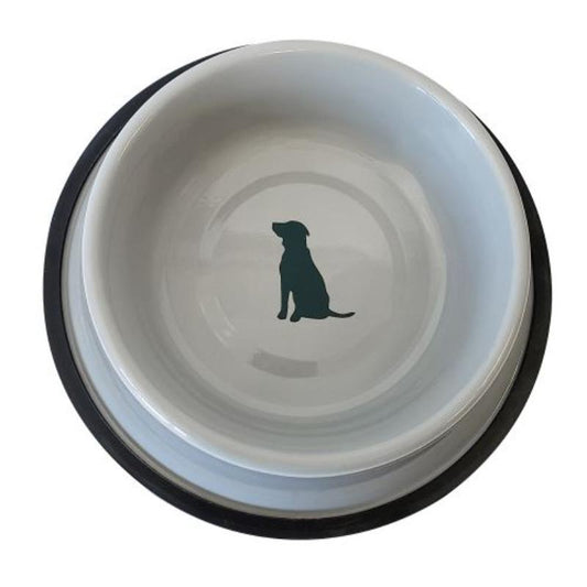 Non Skid Cool Gray Bowl with Teal Dog Design