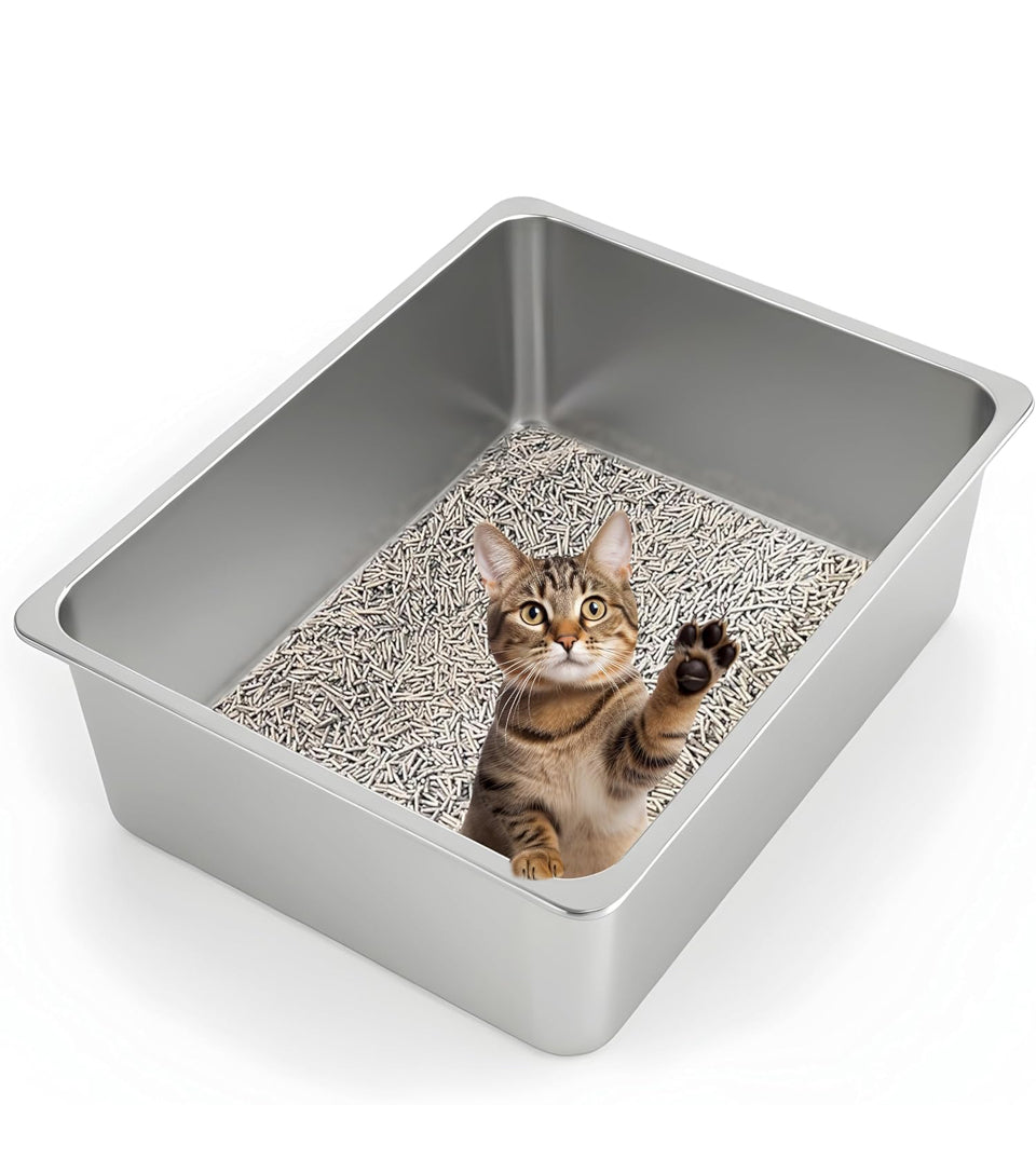 Open Box Kirecoo Stainless Steel Cat Litter Box XL- Metal High Sided Cat Pan, Large Stainless Steel Box, Indoor Litter Tray, Non Stick, No Smell, Easy