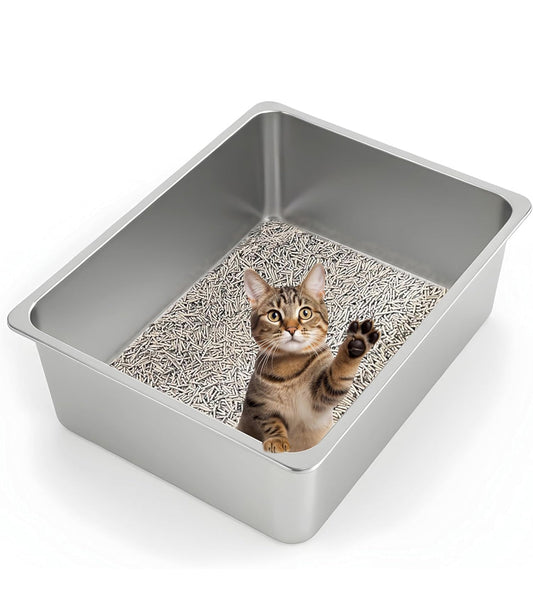 Open Box Kirecoo Stainless Steel Cat Litter Box XL- Metal High Sided Cat Pan, Large Stainless Steel Box, Indoor Litter Tray, Non Stick, No Smell, Easy
