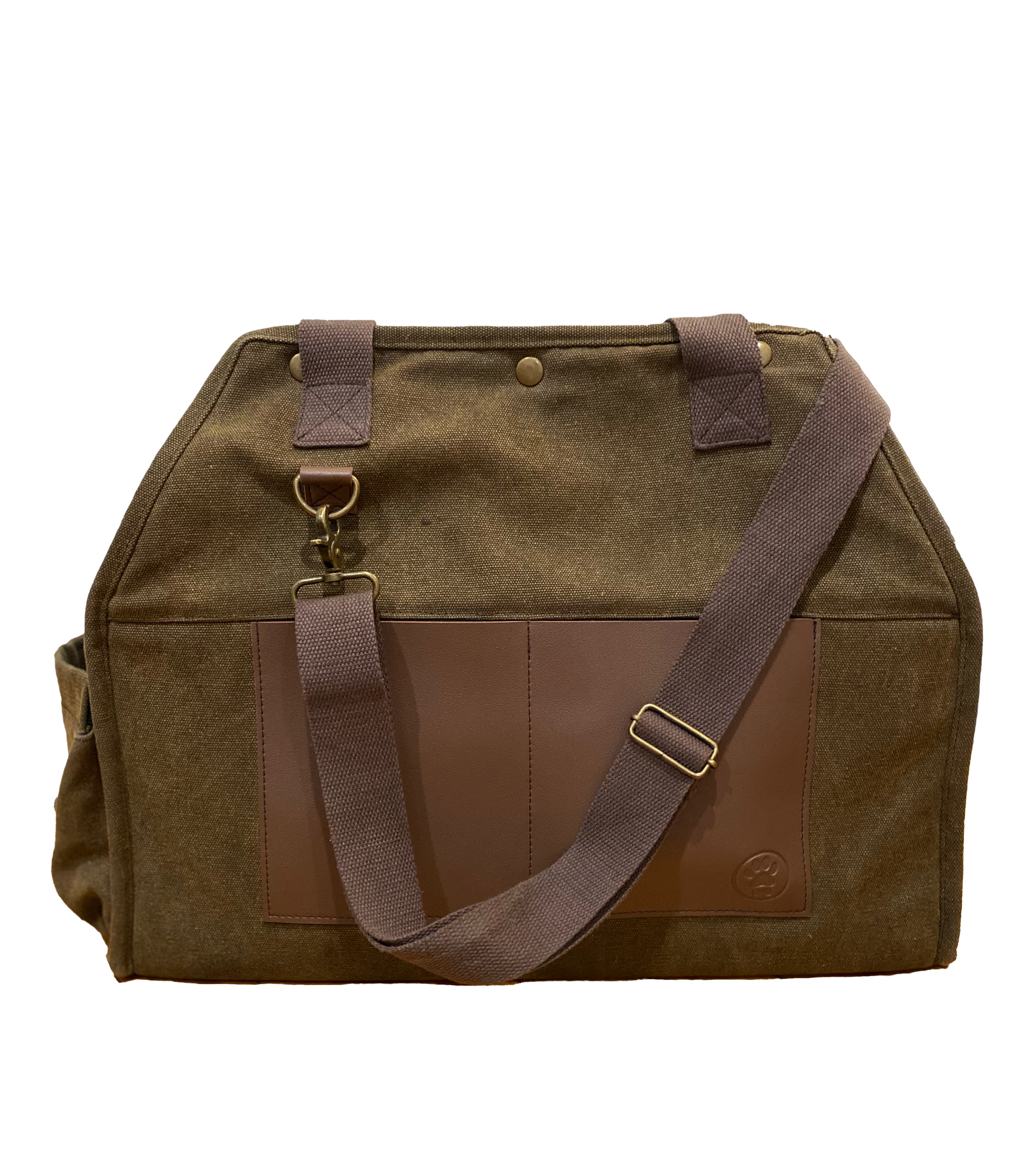 Brown leather bag with a strap on a white background