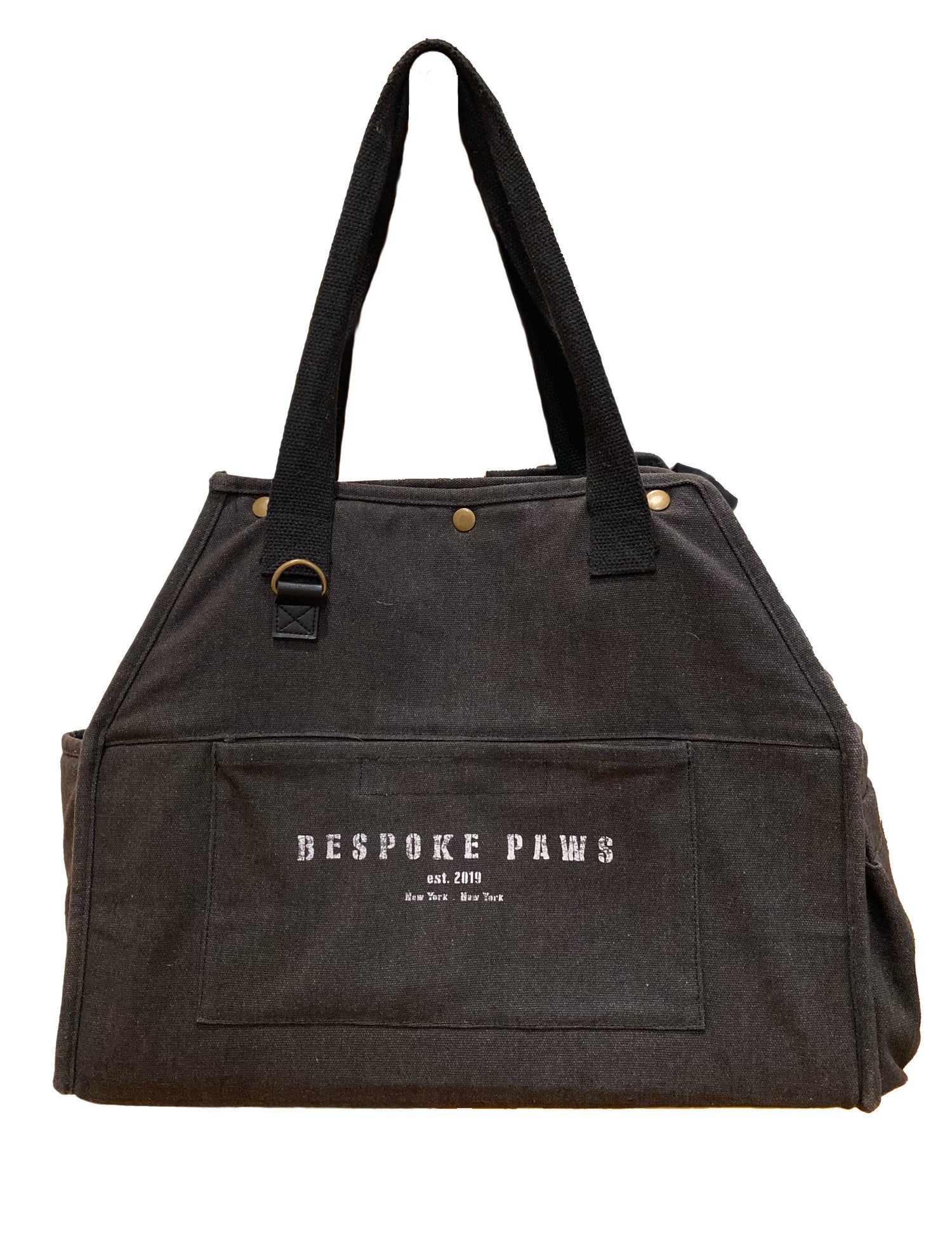 Dark brown tote bag with 'Bespoke Paws' logo on a white background