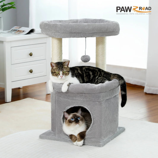 Cozy Gray Cat Tree Condo - 27" Multi-Level Tower with Spacious Perch and Scratching Posts for Kittens and Medium Cats