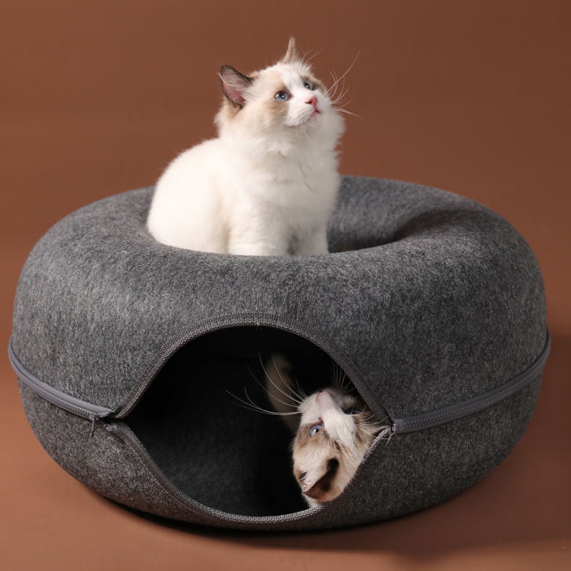 Four Seasons Woolen Felt Cat Tunnel Bed Interactive Toy Grey