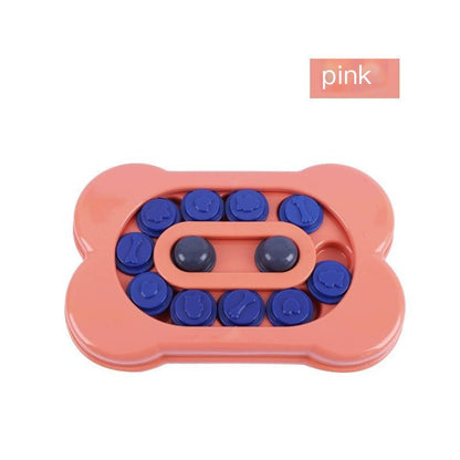 Pink bone-shaped Purrfect Pet Kingdom plastic slow feeder puzzle with blue sliding treat covers and embossed icons.