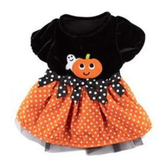 Fall Halloween Orange Pumpkin Ghost Velvet Polka Dot Dog Dress
