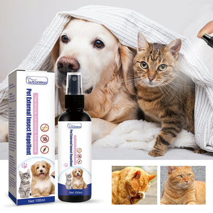 Purrfect Pet Kingdom Flea Spray bottle and box with a dog and cat under a striped blanket. Mist spraying in corner.