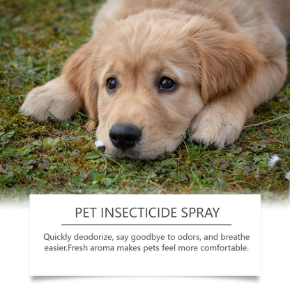 Golden-furred puppy on green grass. Purrfect Pet Kingdom deodorizer spray features fresh scent and odor control.