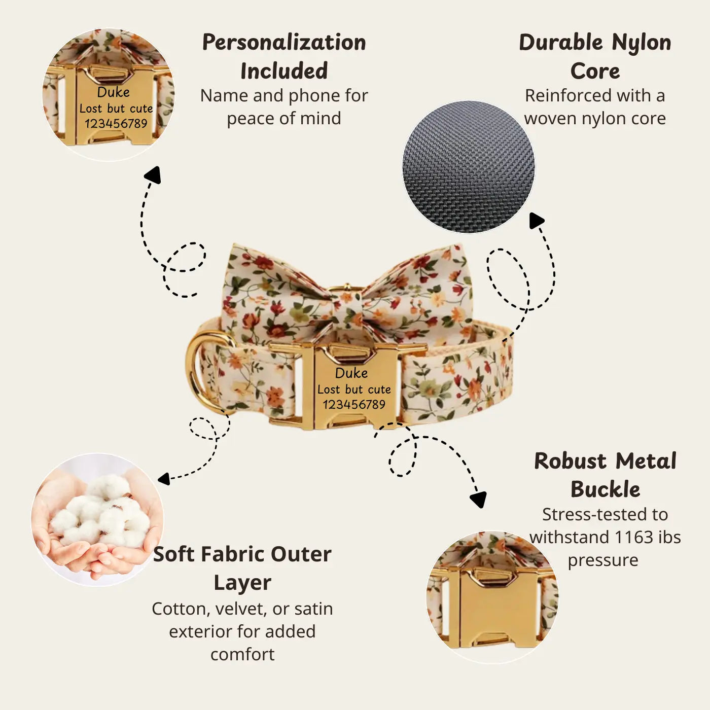 Purrfect Pet Kingdom floral harness with bow tie, gold personalized buckle, and durable nylon core.