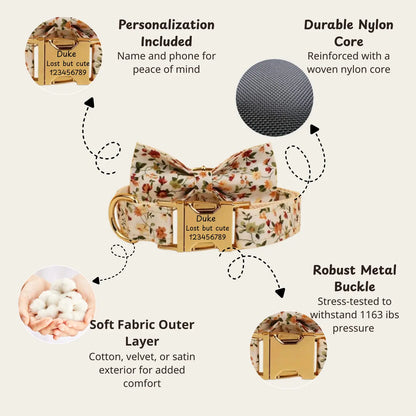 Floral dog collar and bow tie with gold buckle, cream fabric with orange flowers, soft lining, and durable nylon core.