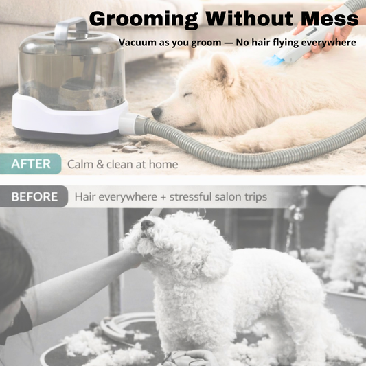 Dr. Milou CalmCare Cordless Grooming Kit: White/gray vacuum with clear bin grooms a dog for mess-free pet care.