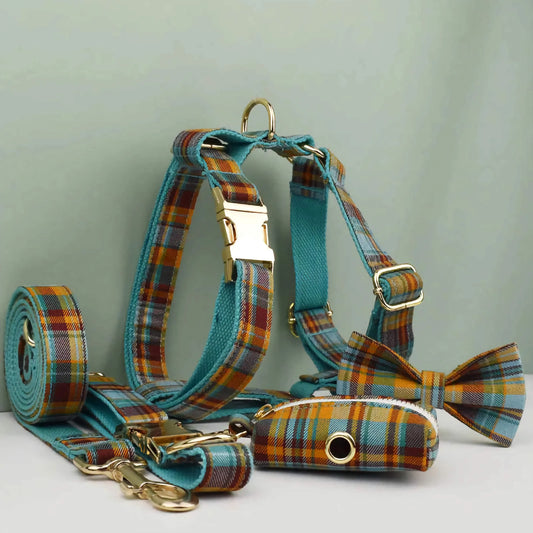 Autumn Blue Plaid Dog Harness and Leash Set for Daily Walks