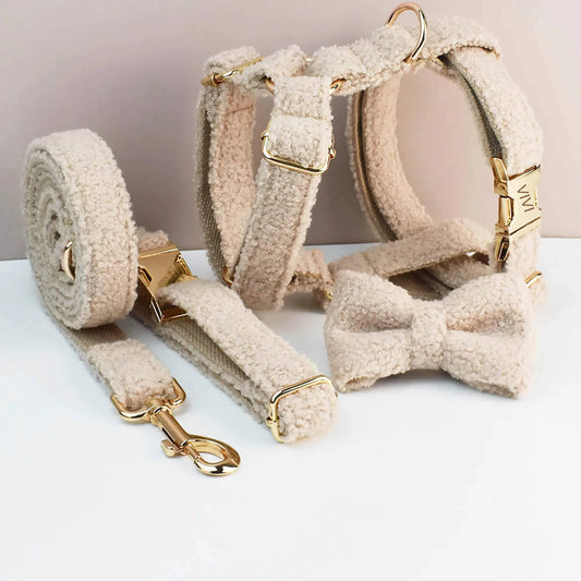 Soft Beige Teddy Fleece Dog Harness and Leash Set Premium S