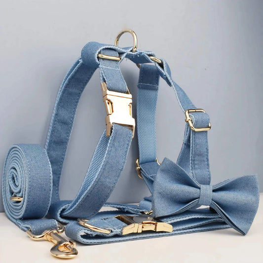 Classic Blue Denim 5-Piece Dog Harness and Leash Walking Set