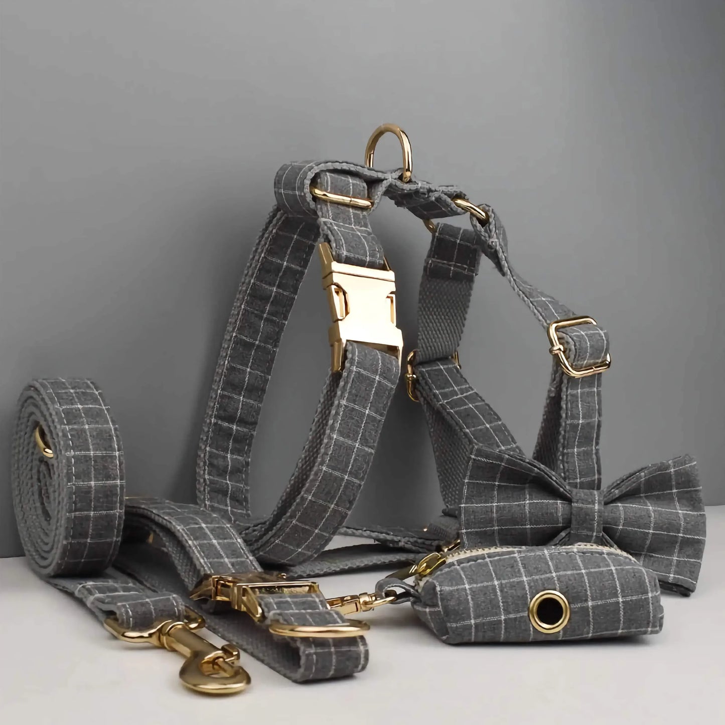 Custom Gray Plaid Dog Harness Set for Small Breed Puppies