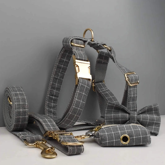 Custom Gray Plaid Dog Harness Set for Small Breed Puppies