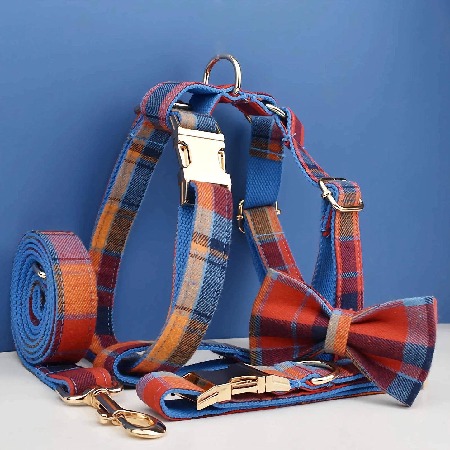 Midnight Copper Plaid Adjustable Dog Harness and Leash Bund