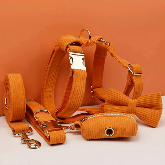 Custom Orange Corduroy Dog Harness Set for Small Breed Pups