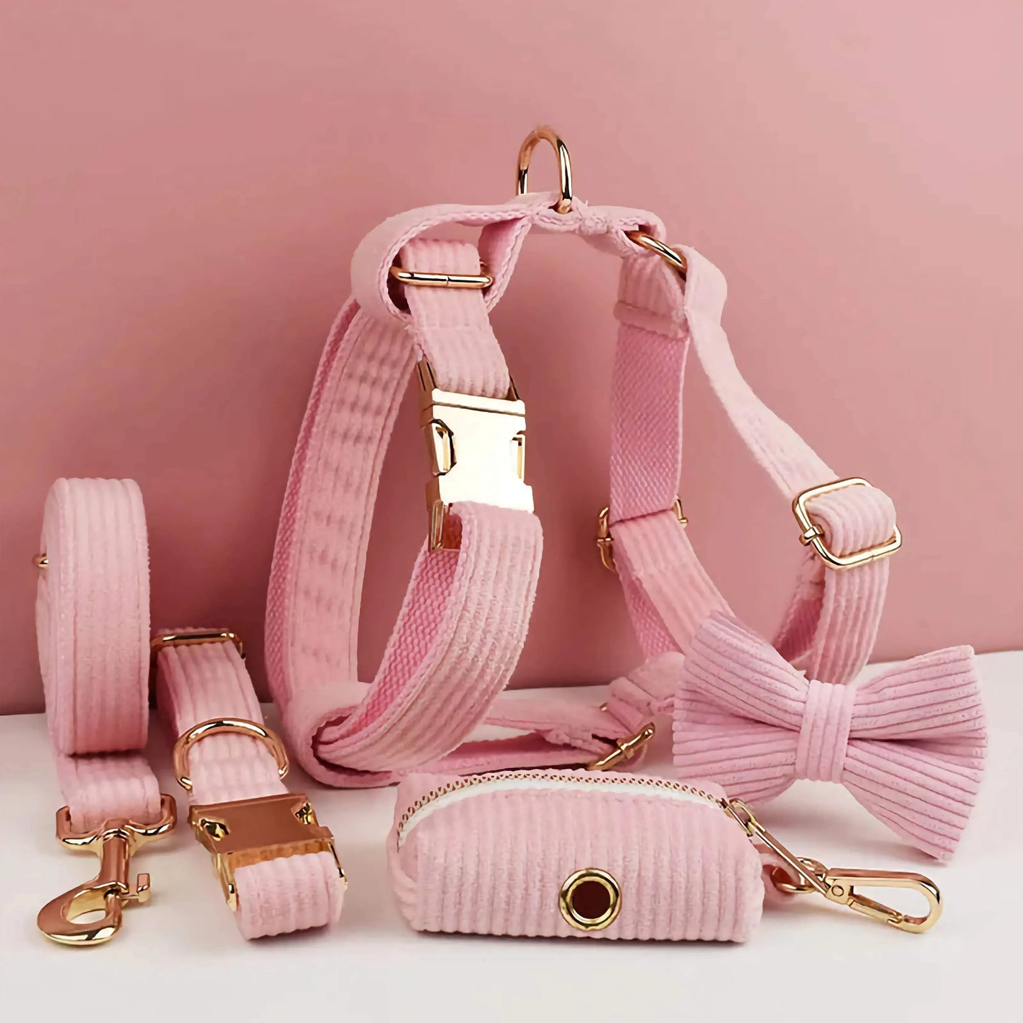 Premium Pink Corduroy Dog Harness Set for Small Elegant Dogs