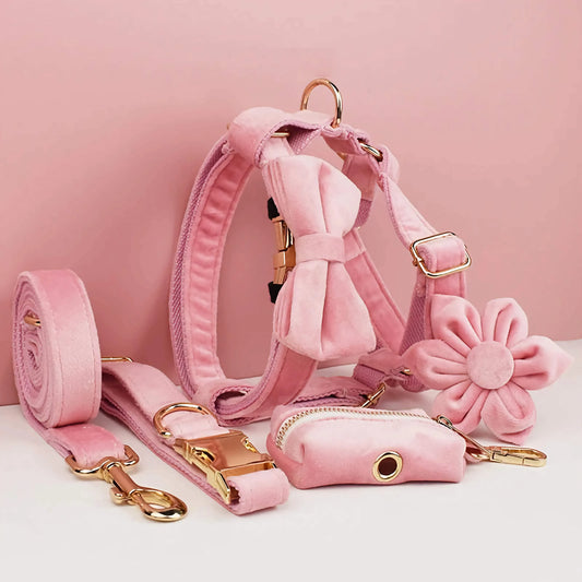 Luxurious Pink Velvet Dog Harness Leash and Collar Set Small