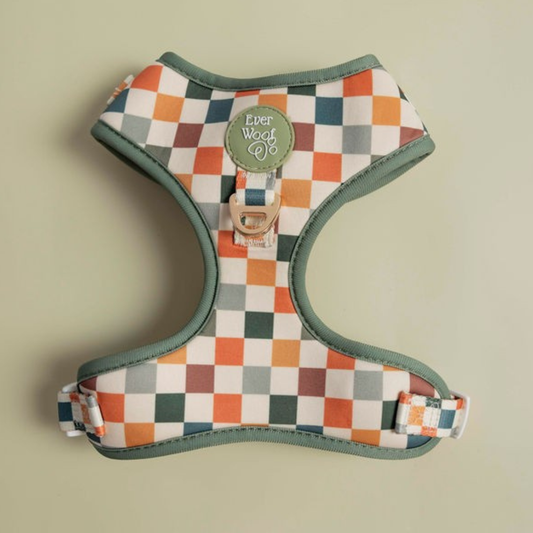 Sage & Cider Adjustable Dog Harness for Comfort and Style 01: Checkered green and orange padded fabric dog harness.