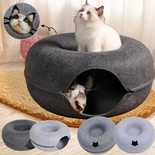 Felt Donut Cat Bed With Breather Hole 2-In-1 Tunnel Hideaway 🍩