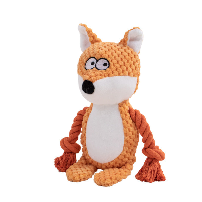 Purrfect Pet Kingdom fox plush dog toy with textured orange fabric, white belly, and knotted cotton rope arms.