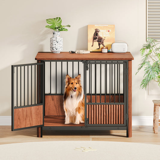 31.5'' Walnut Fluted Wood Furniture Style Dog Crate for